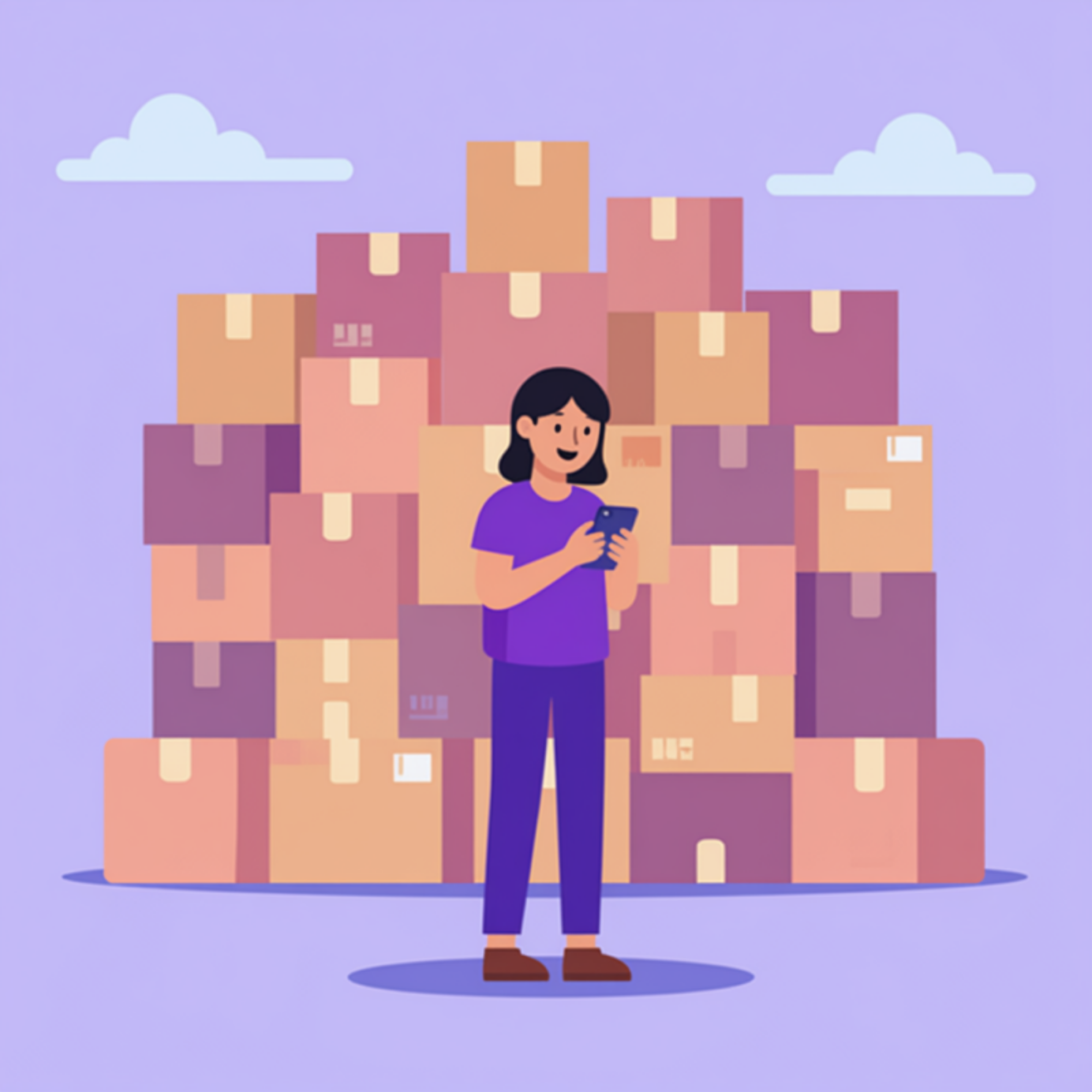 Persona mirando su teléfono con cajas de fondo