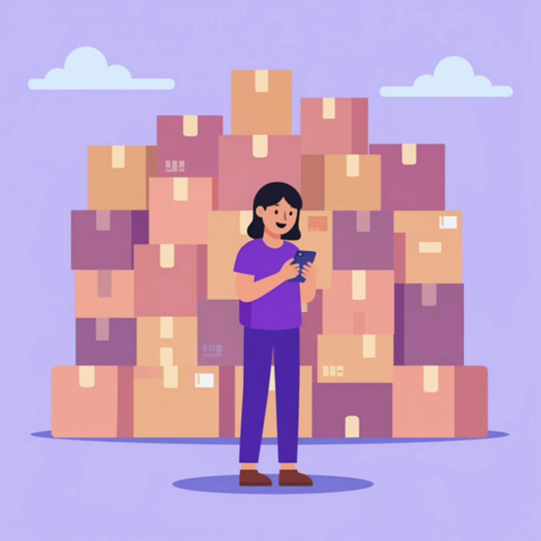 Persona mirando su teléfono con cajas de fondo