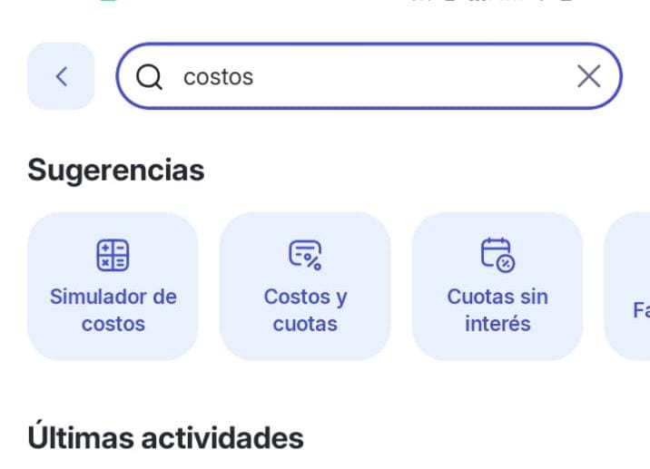 Buscador de la app de Mercado Pago con la palabra costos escrita y, en Sugerencias, la opción Costos y cuotas
