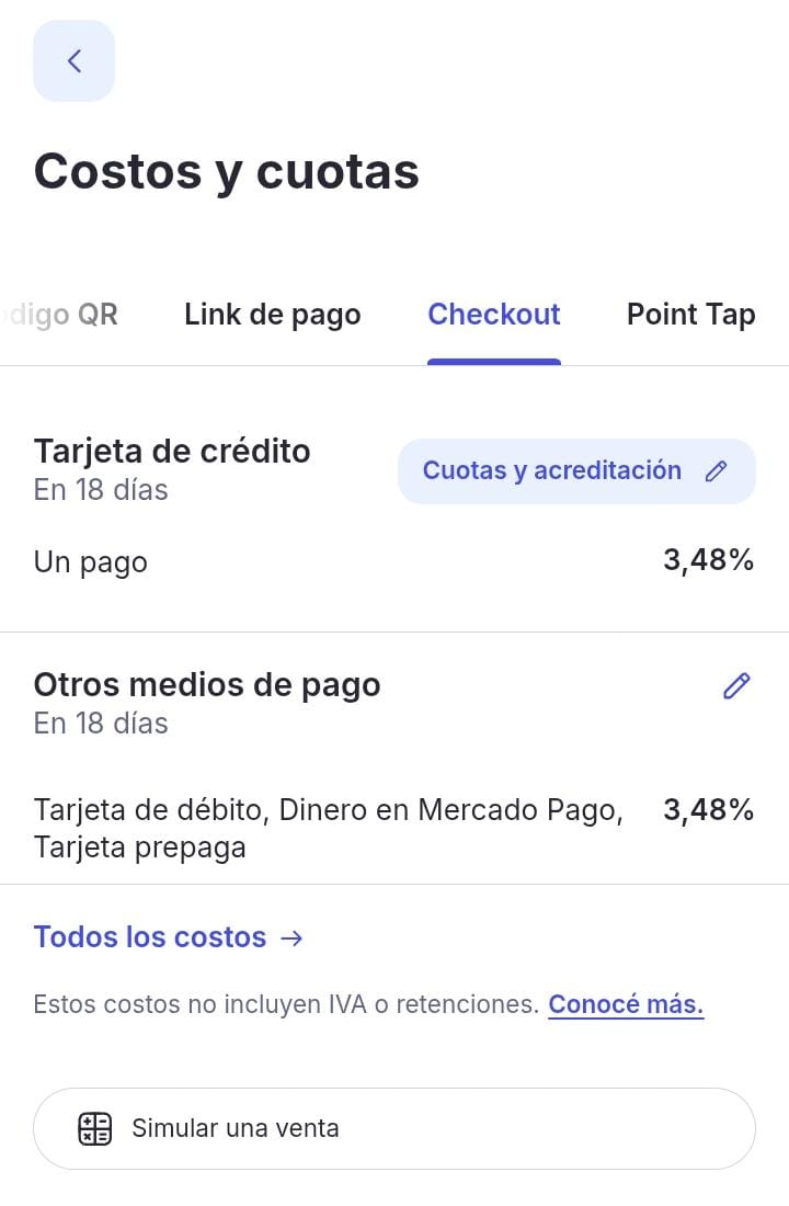 Pantalla Costos y cuotas de Mercado Pago, en la pestaña Checkout, con el botón Cuotas y acreditación al lado de Tarjeta de crédito