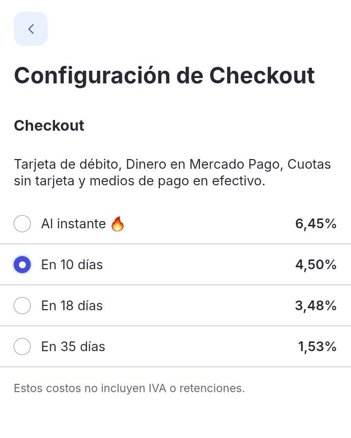Pantalla Configuración de Checkout de Mercado Pago para débito, dinero en Mercado Pago, cuotas sin tarjeta y efectivo, con las opciones de plazo y su costo